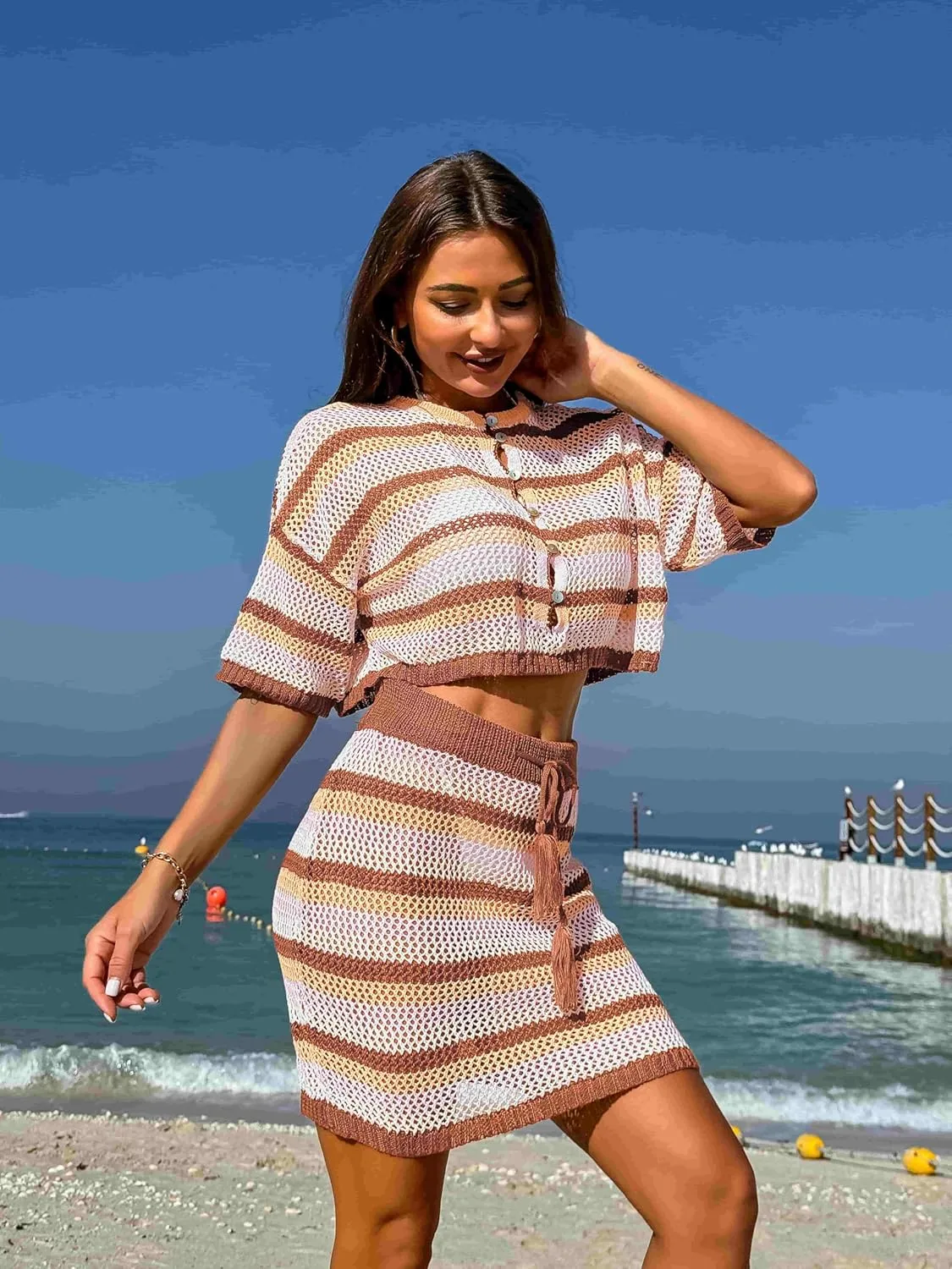 HUUSA Women's 2 Piece Crochet Swimsuit Cover Ups 2025 Hollow Out Bathing Suit Coverup Beach Outfits Crop Top and Skirt Sets