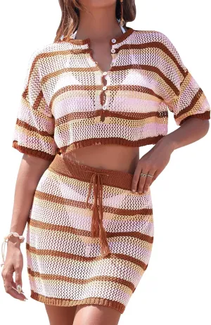 HUUSA Women's 2 Piece Crochet Swimsuit Cover Ups 2025 Hollow Out Bathing Suit Coverup Beach Outfits Crop Top and Skirt Sets