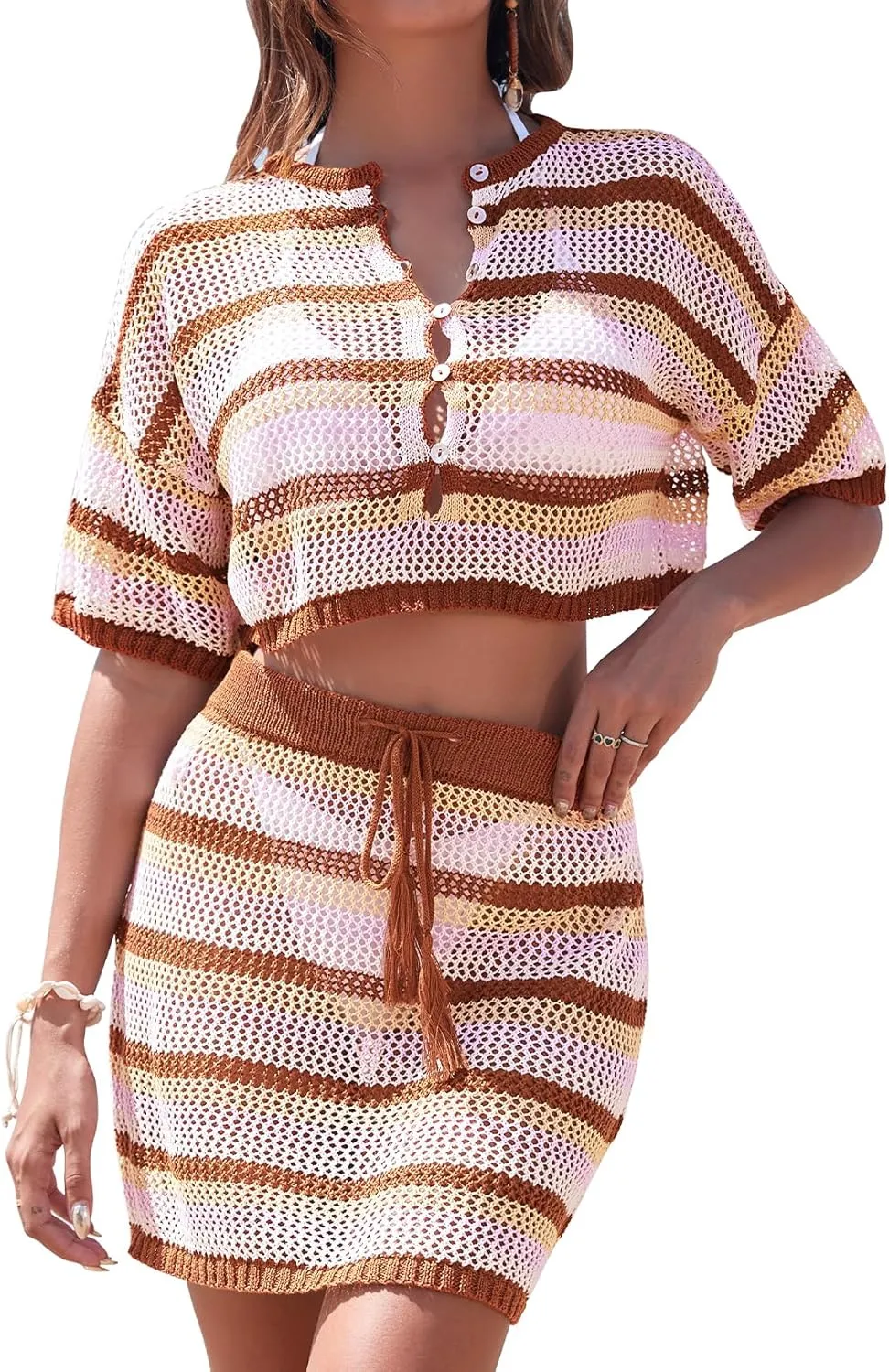 HUUSA Women's 2 Piece Crochet Swimsuit Cover Ups 2025 Hollow Out Bathing Suit Coverup Beach Outfits Crop Top and Skirt Sets