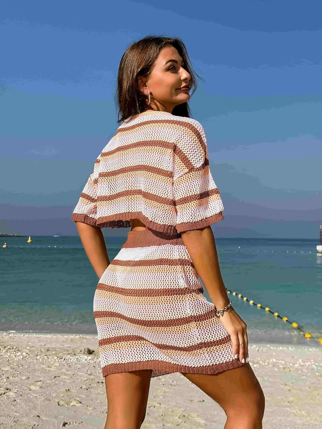 HUUSA Women's 2 Piece Crochet Swimsuit Cover Ups 2025 Hollow Out Bathing Suit Coverup Beach Outfits Crop Top and Skirt Sets