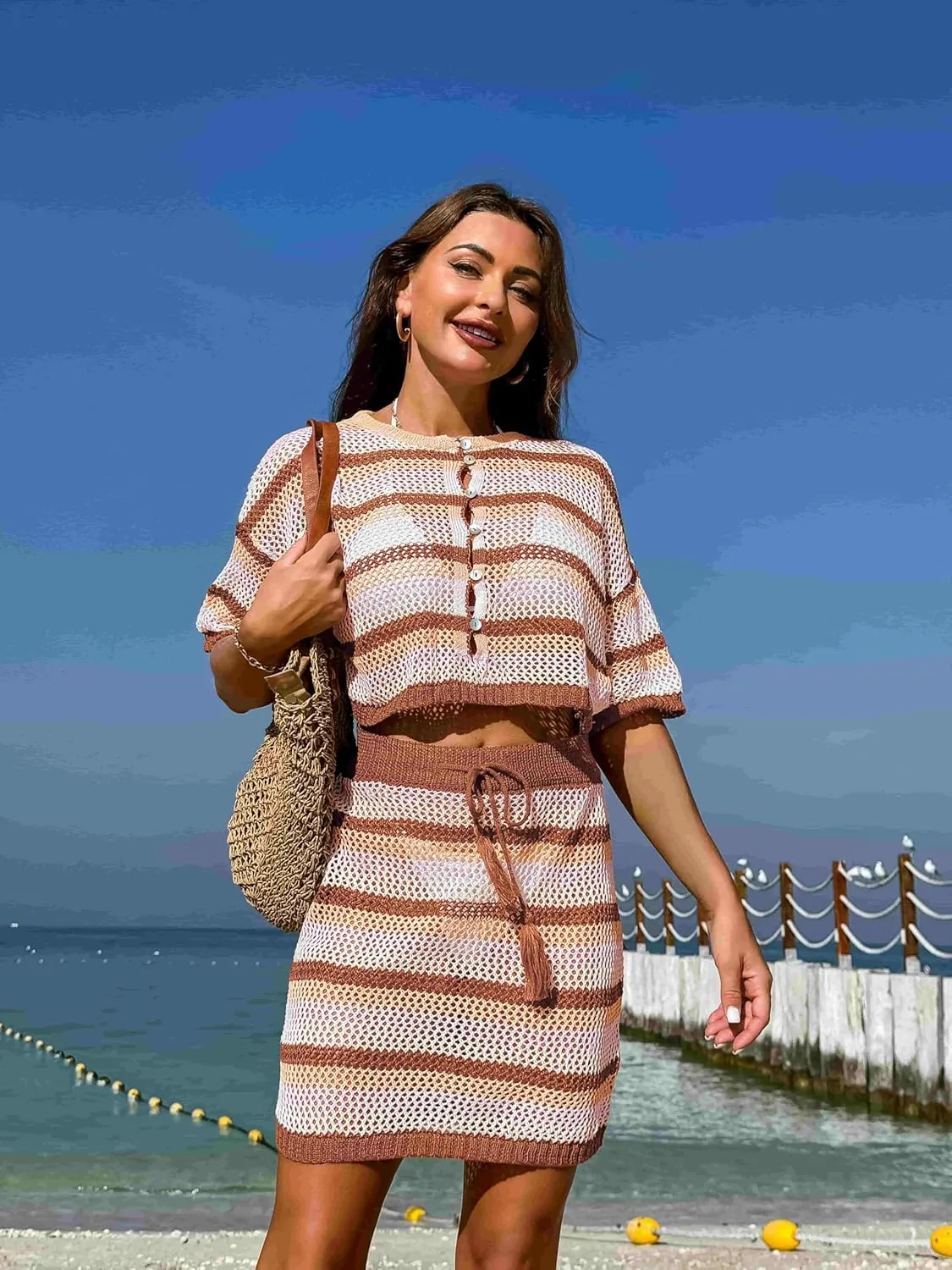 HUUSA Women's 2 Piece Crochet Swimsuit Cover Ups 2025 Hollow Out Bathing Suit Coverup Beach Outfits Crop Top and Skirt Sets