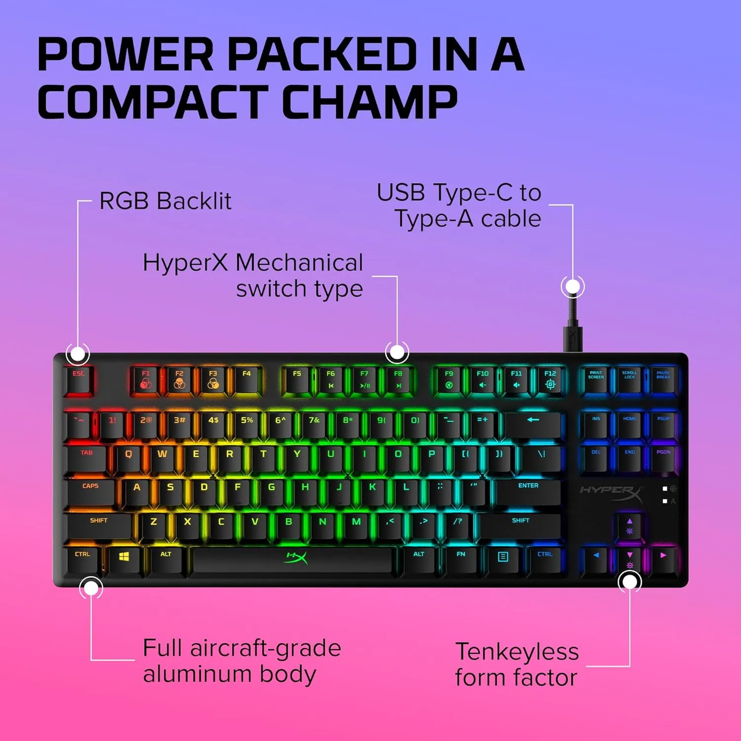 HyperX Alloy Origins Core - Tenkeyless Mechanical Gaming Keyboard, Software Controlled Light & Macro Customization, Compact Form Factor, RGB LED Backlit, Tactile HyperX Aqua Switch,Black