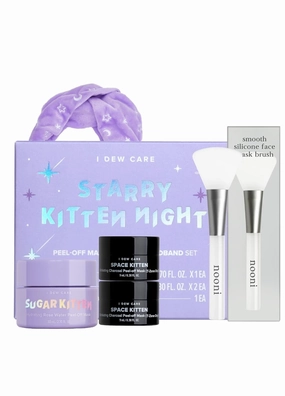 I DEW CARE Starry Kitten Night - Peel Off Masks and Headband Set   Soft Silicone Face Mask Brush Bundle