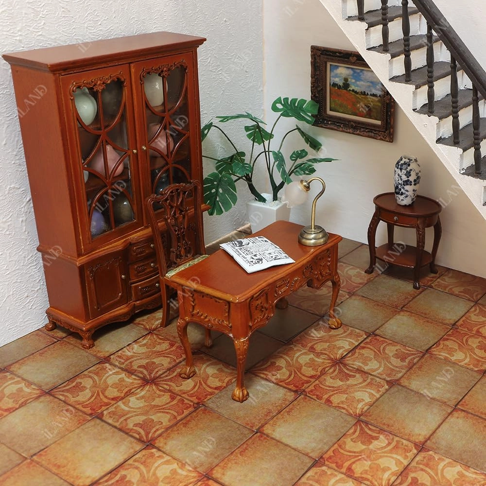 iLAND Dollhouse Flooring on 1/12 Scale 1/6 Scale, Miniature Dollhouse Accessories, 60pcs Double-Sided Dollhouse Floor Tiles (Advanced Classical Inlays & Marbling Pattern)