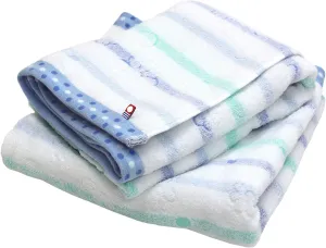 Imabari Towel, 2 Piece Bath Towel Set, Japanese Towels, Jacquard Hand Towel, 100% Cotton, Quick-Drying, Lightweight, Featuring Striped and Floral Design, Size: 23.6x47.2 inches, Blue
