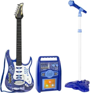 iMeshbean Electric Guitar Kit Toy Play Set with Microphone, Kids Karaoke Microphone Guitar Musical Set- Educative Beginner Musical Instrument Set for All Children, for Girls Boys (Color Blue)