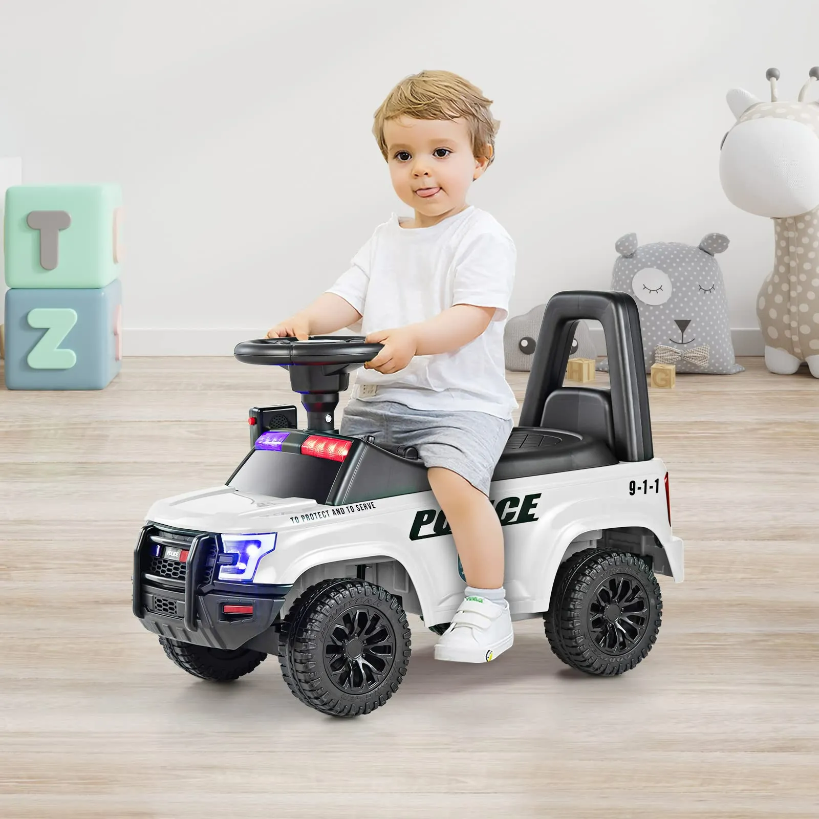 INFANS Ride on Push Police Car, Toddler Foot-to-Floor Sliding Toy, Kids Racer Walking Gift