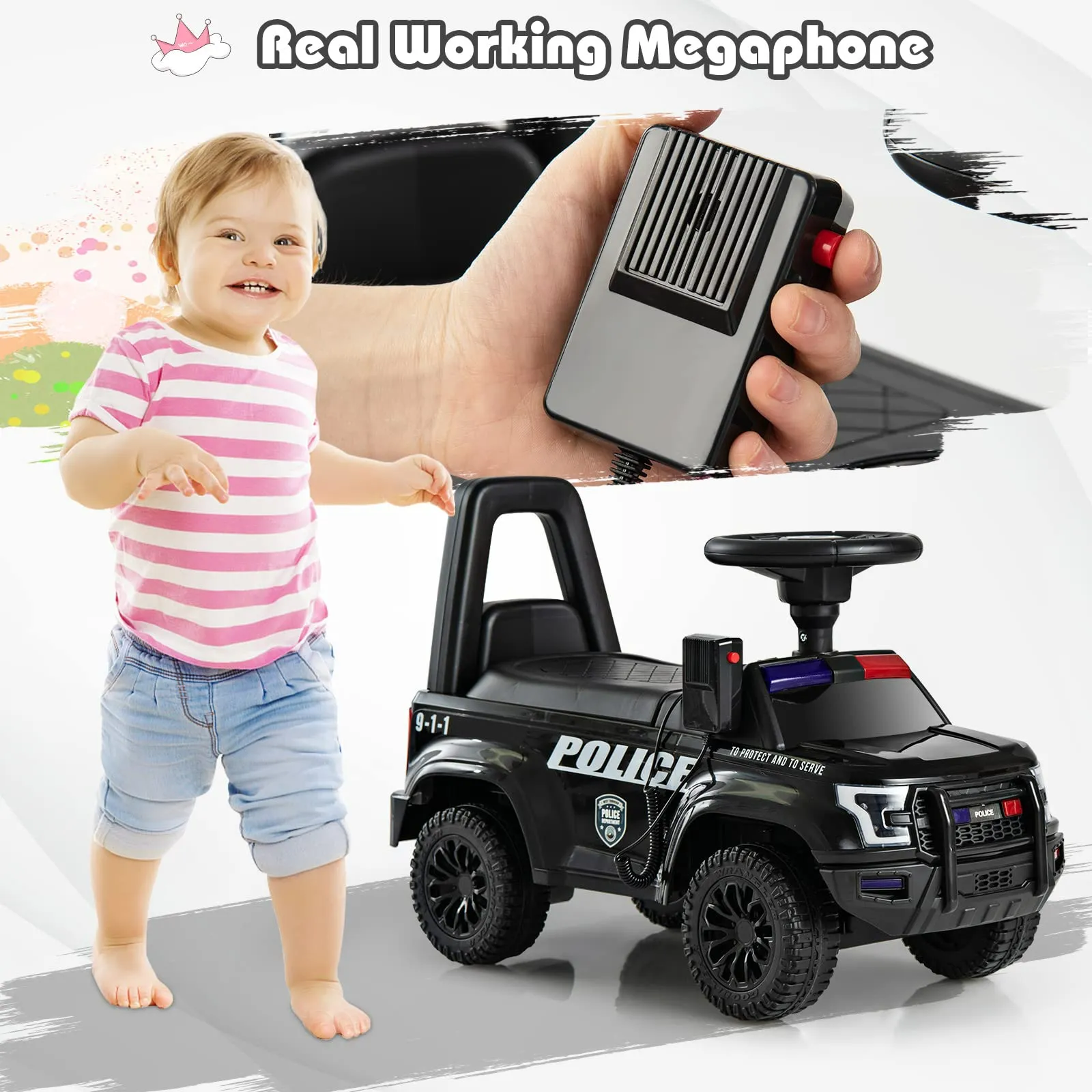 INFANS Ride on Push Police Car, Toddler Foot-to-Floor Sliding Toy, Kids Racer Walking Gift