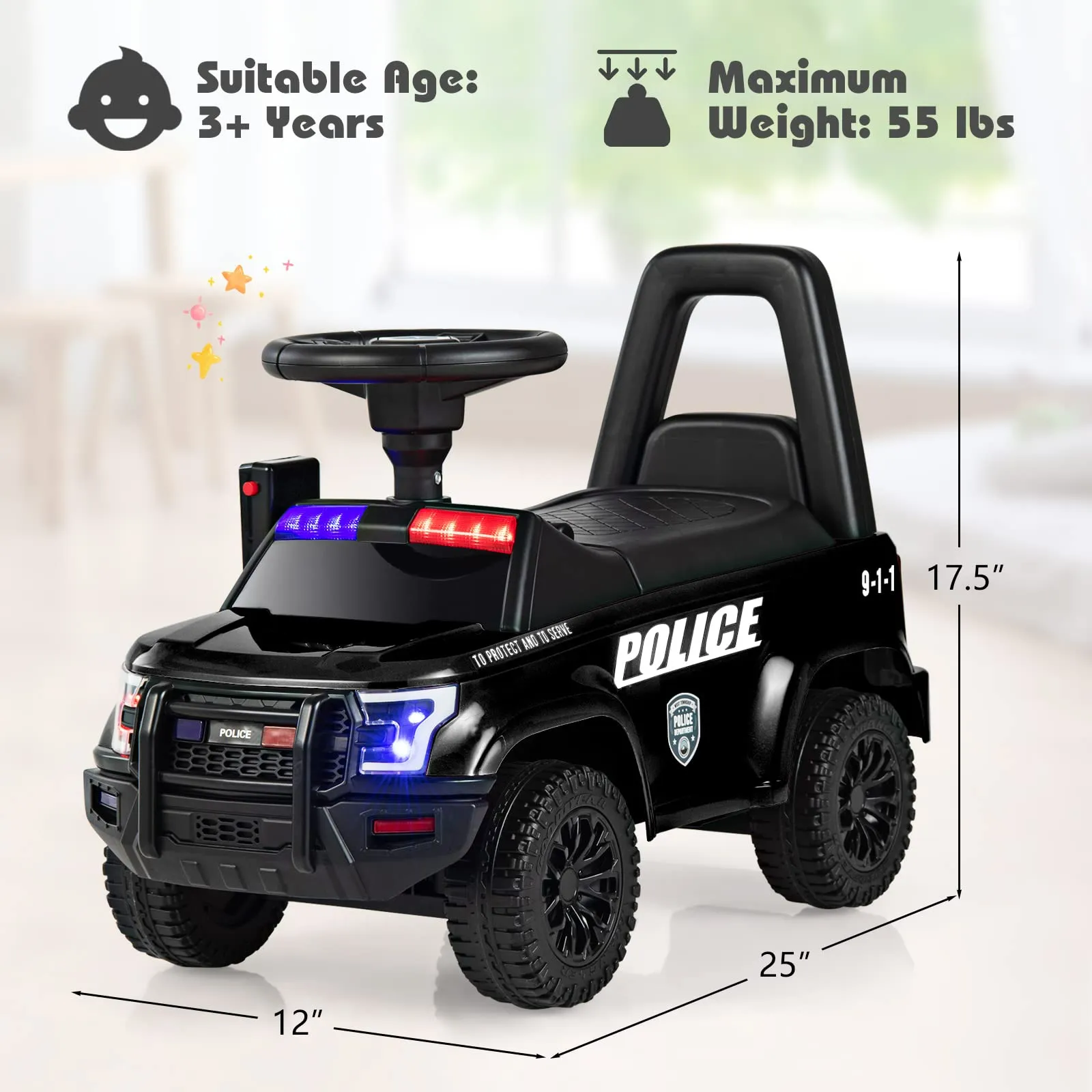 INFANS Ride on Push Police Car, Toddler Foot-to-Floor Sliding Toy, Kids Racer Walking Gift