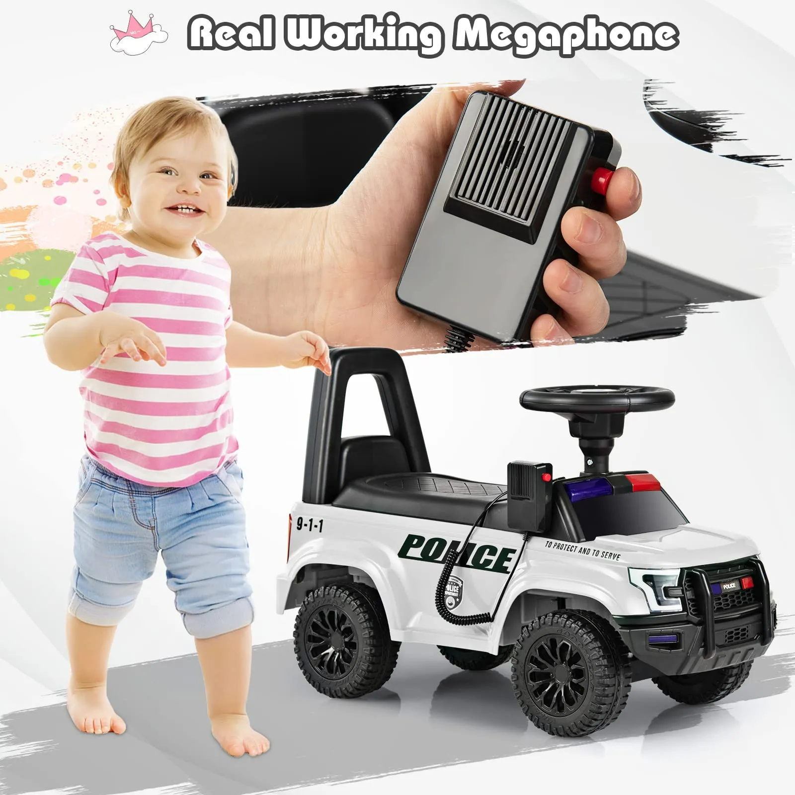 INFANS Ride on Push Police Car, Toddler Foot-to-Floor Sliding Toy, Kids Racer Walking Gift