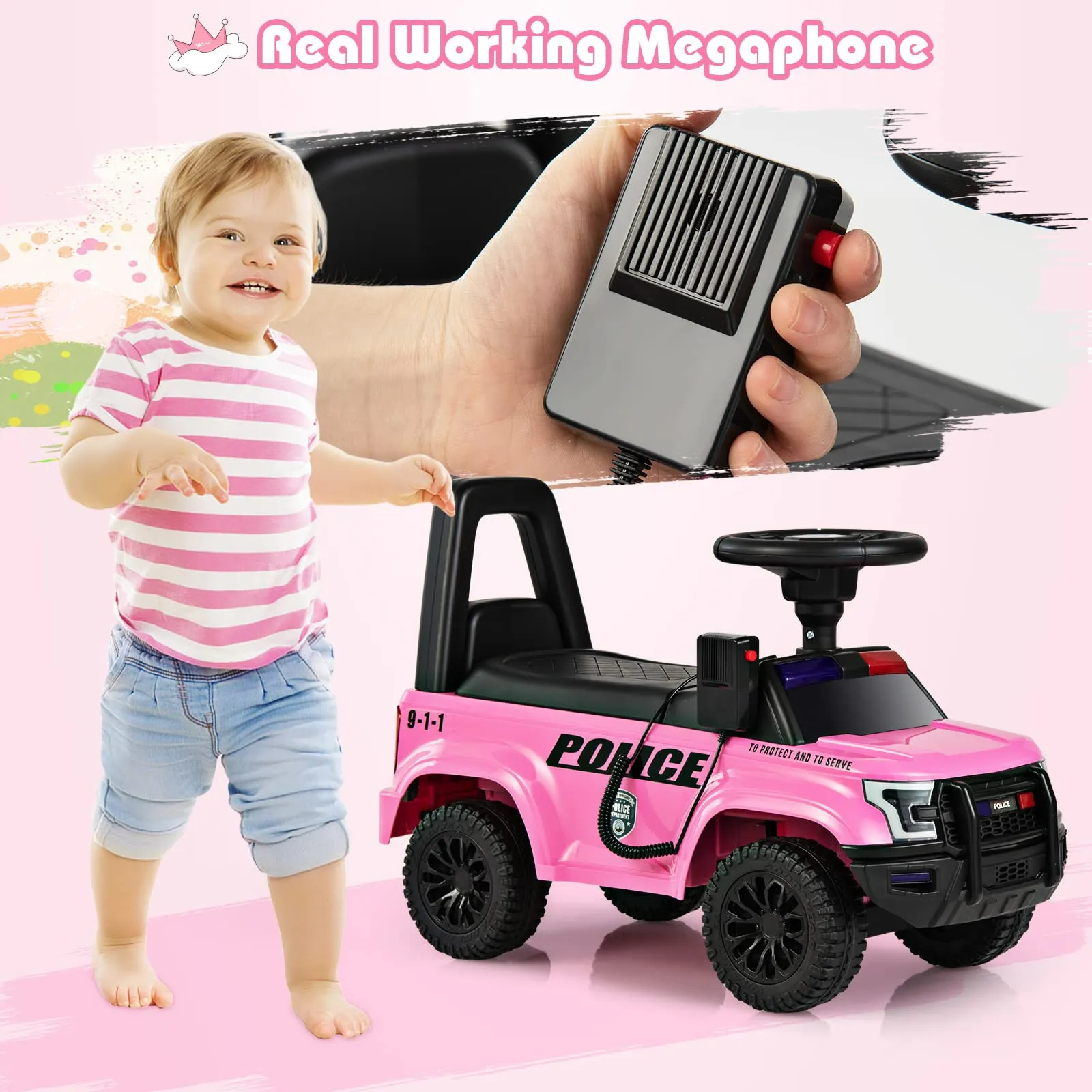 INFANS Ride on Push Police Car, Toddler Foot-to-Floor Sliding Toy, Kids Racer Walking Gift