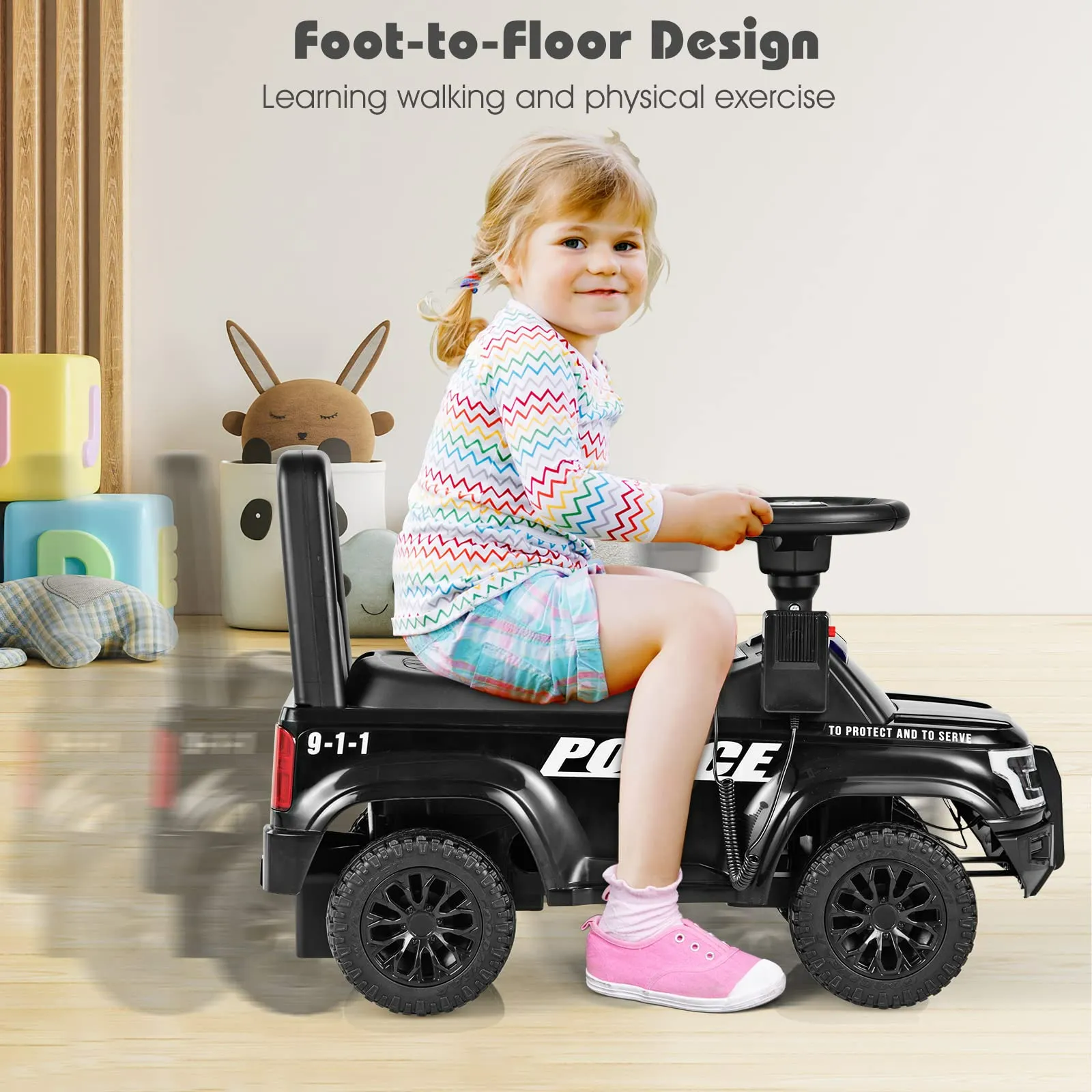 INFANS Ride on Push Police Car, Toddler Foot-to-Floor Sliding Toy, Kids Racer Walking Gift