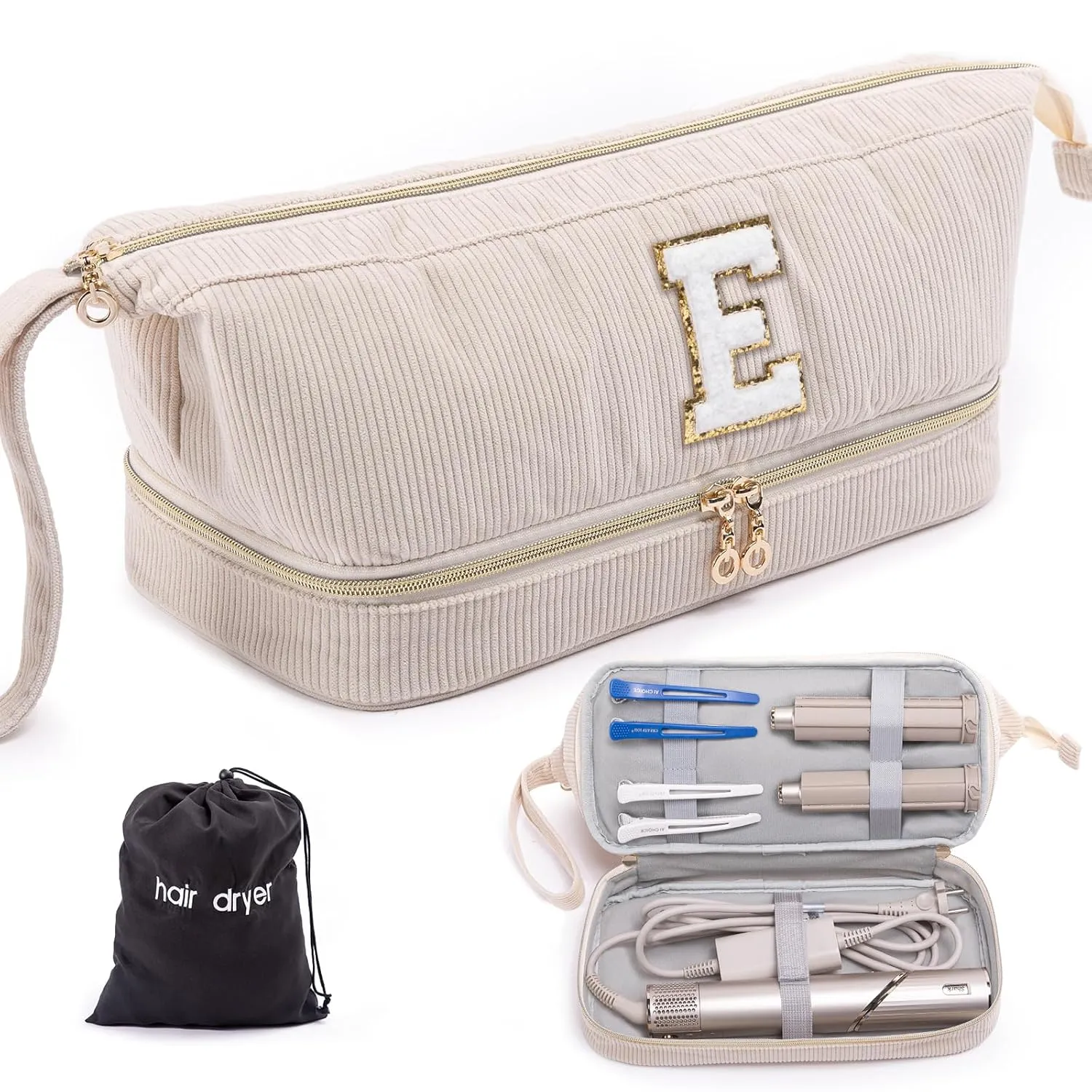 Initial Personalized Hair Dryer Case,Double-Layer Hair Tools Travel Carrying Case for Shark FlexStyle/SmoothStyle with Hair Dryer Bag - Hair Air Wrap Dryer Case Flat Curling Iron Travel Organizer