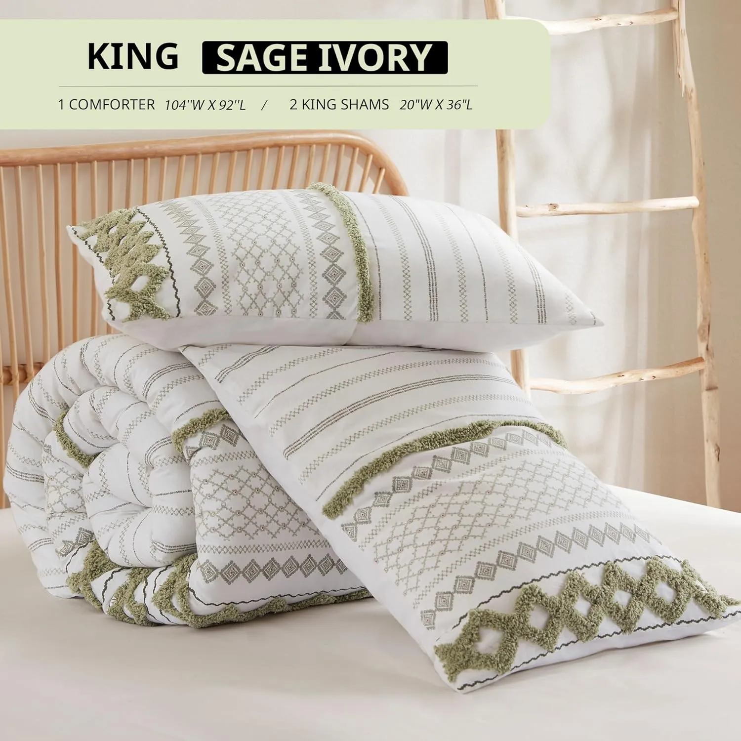 INK IVY Comforter for King Size Bed, Chenille Tufted, Breathable Cotton Comforter Set, All Season Modern Boho Comforter with Farmhouse Bedding Flare, 2 Matching Shams, King Sage Green/Ivory 3 Piece