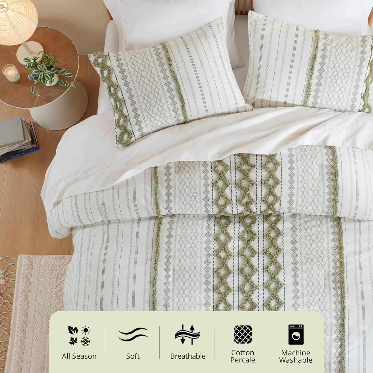 INK IVY Comforter for King Size Bed, Chenille Tufted, Breathable Cotton Comforter Set, All Season Modern Boho Comforter with Farmhouse Bedding Flare, 2 Matching Shams, King Sage Green/Ivory 3 Piece