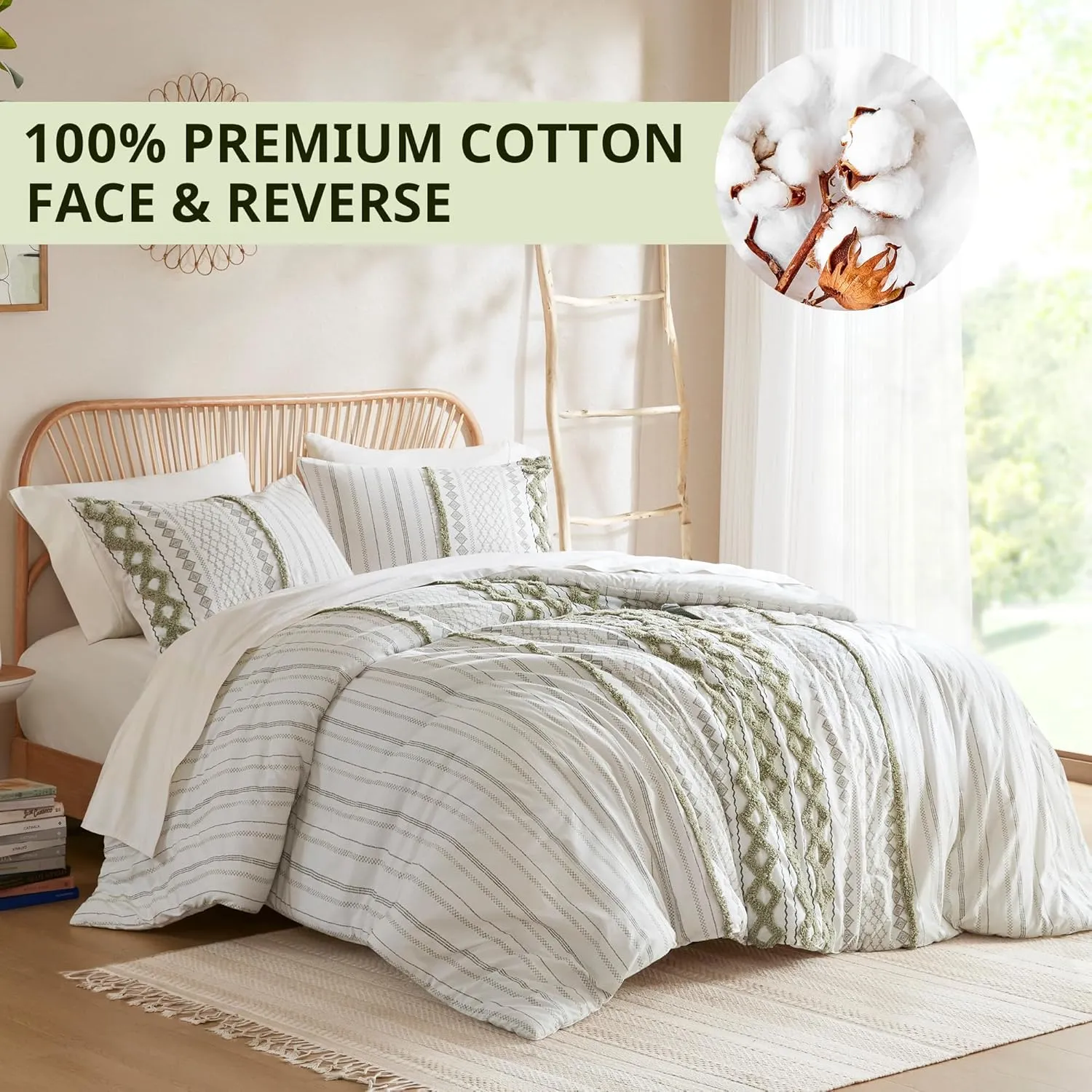 INK IVY Comforter for King Size Bed, Chenille Tufted, Breathable Cotton Comforter Set, All Season Modern Boho Comforter with Farmhouse Bedding Flare, 2 Matching Shams, King Sage Green/Ivory 3 Piece