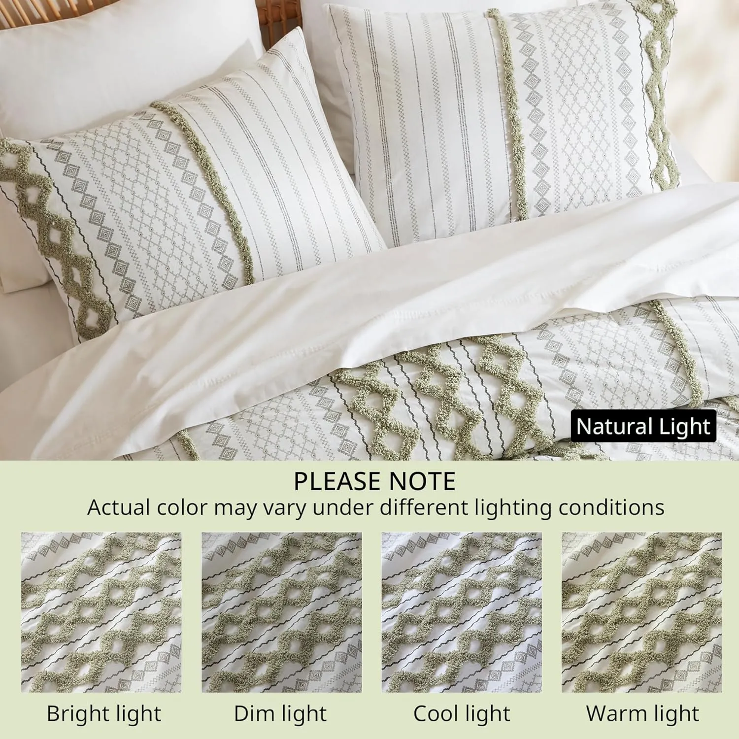INK IVY Comforter for King Size Bed, Chenille Tufted, Breathable Cotton Comforter Set, All Season Modern Boho Comforter with Farmhouse Bedding Flare, 2 Matching Shams, King Sage Green/Ivory 3 Piece