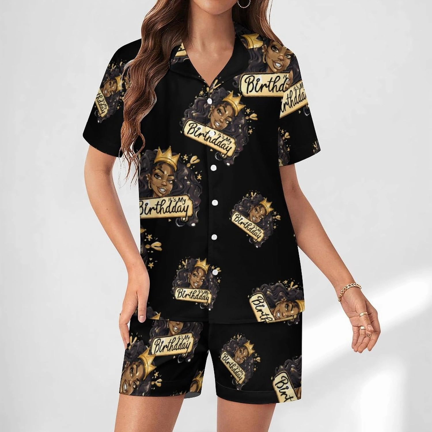It's My Birthday African American Afro Woman Women's Satin Pajama Set Short Sleeve Button Down Sleepwear Loungewear Pj Set