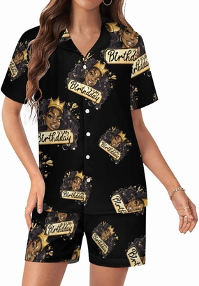 It's My Birthday African American Afro Woman Women's Satin Pajama Set Short Sleeve Button Down Sleepwear Loungewear Pj Set