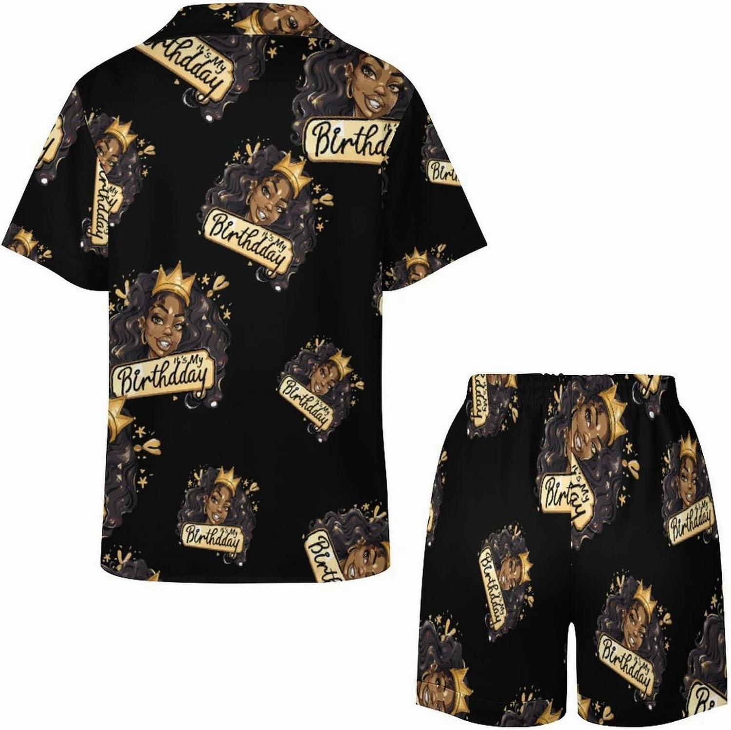 It's My Birthday African American Afro Woman Women's Satin Pajama Set Short Sleeve Button Down Sleepwear Loungewear Pj Set
