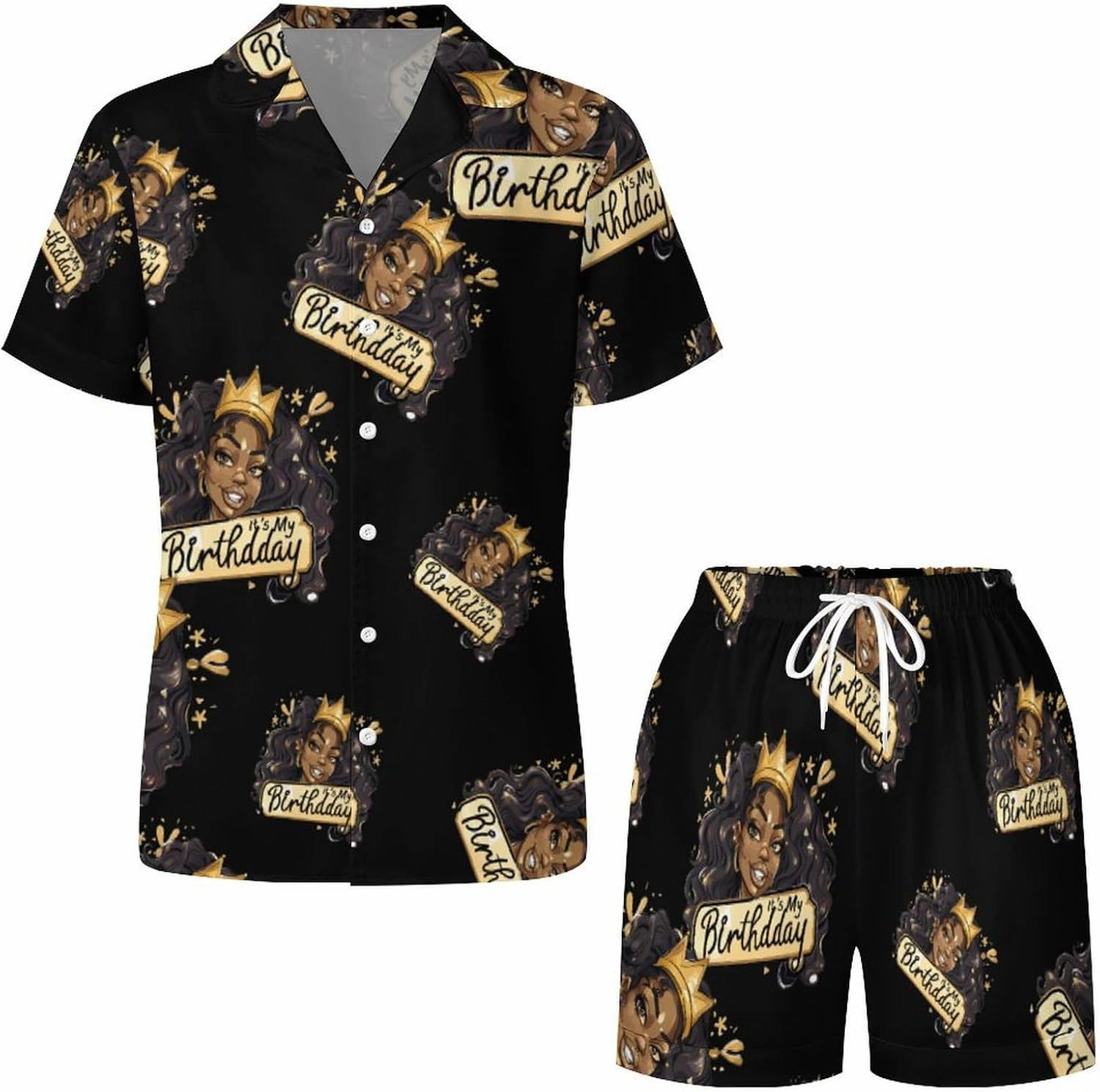 It's My Birthday African American Afro Woman Women's Satin Pajama Set Short Sleeve Button Down Sleepwear Loungewear Pj Set