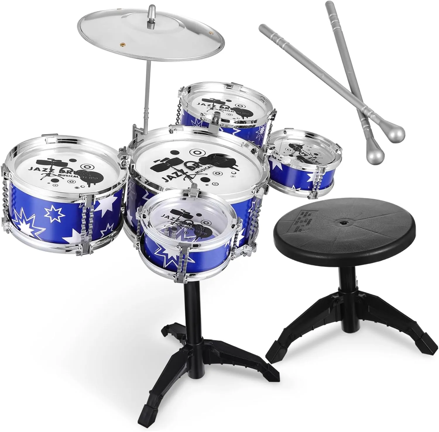 Jazz Drum Set for Percussion Kit with Stool Musical Instruments for Boys and Age Fun Drum for Rhythm Development