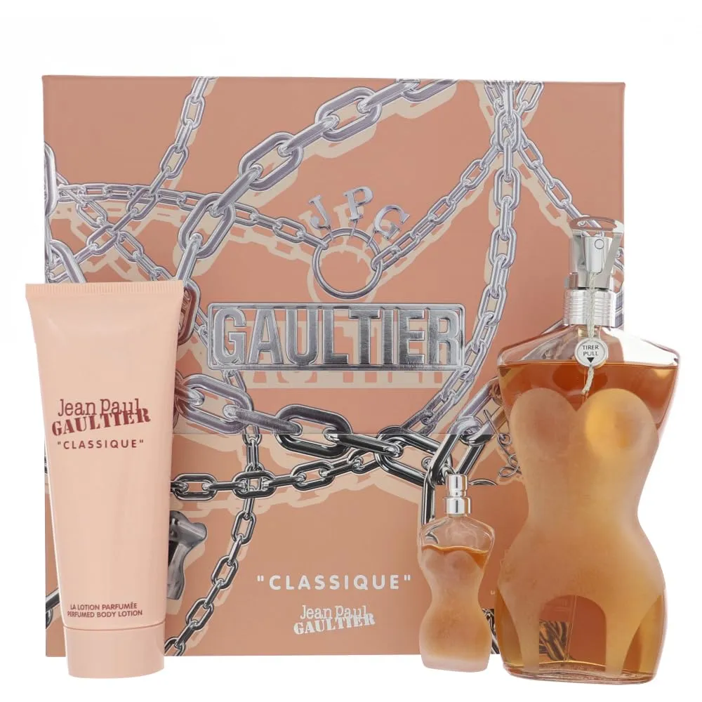 Jean Paul Gaultier Classique 3 Pieces Gift Set for Women, (3.4 Ounce Eau de Toilette Spray   2.5 Ounce Body Lotion   0.2 Ounce Mini Eau de Toilette Spray)