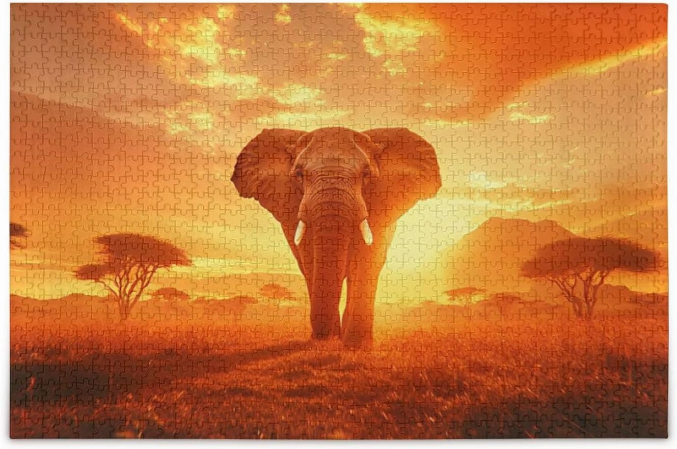 Jigsaw Puzzle for Adults 1000 Pieces, Elephant Grassland Sunset Impossible Hard Difficult Challenging Puzzle for Adults Jigsaw Puzzle for Party Entertainment Family Games