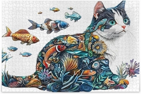 Jigsaw Puzzle for Adults 500 Pieces, Cat Fish Art Impossible Hard Difficult Challenging Puzzle for Adults Jigsaw Puzzle for Party Entertainment Family Games