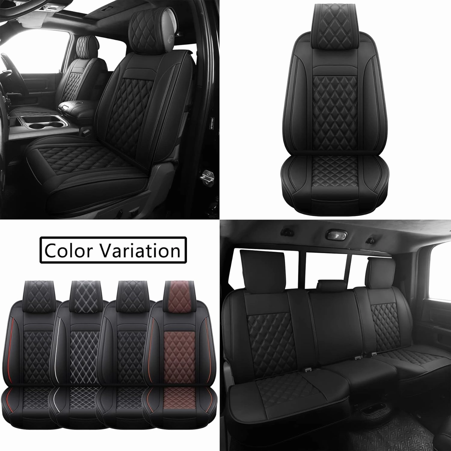 JOJOBAY Car Seat Covers for Dodge Ram,Fit 2009-2025 1500/2500/3500 HD Pick-up Truck,Crew,Regular,Quad,Mega Cab,Waterproof Synthetic Leather Seat Covers(5PCS-Full Set,Black)
