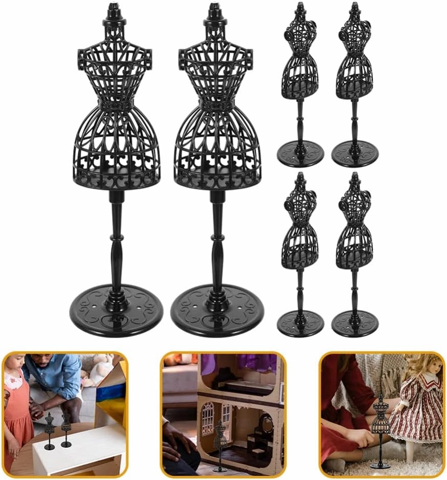jojofuny Set of 6 Dress Cloth Gown Hollow Stand, Plastic Doll Display Support Holder, Mini Mannequin Model Stand for Dollhouse Miniature Accessories, 8.2 x 2.5 Inch, Black