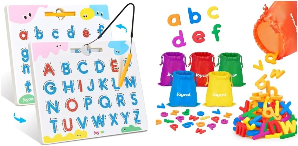 JoyCat Magnetic Letter Tracing Board, 2-in-1 Double-Sided ABC Magnets for Kids Ages 3-5   Alphabet Magnets, 156-Piece Set of Lowercase Magnetic Letters, ABC Magnets for Toddlers & Kids