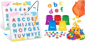 JoyCat Magnetic Letter Tracing Board, 2-in-1 Double-Sided ABC Magnets for Kids Ages 3-5   Alphabet Magnets, 156-Piece Set of Lowercase Magnetic Letters, ABC Magnets for Toddlers & Kids