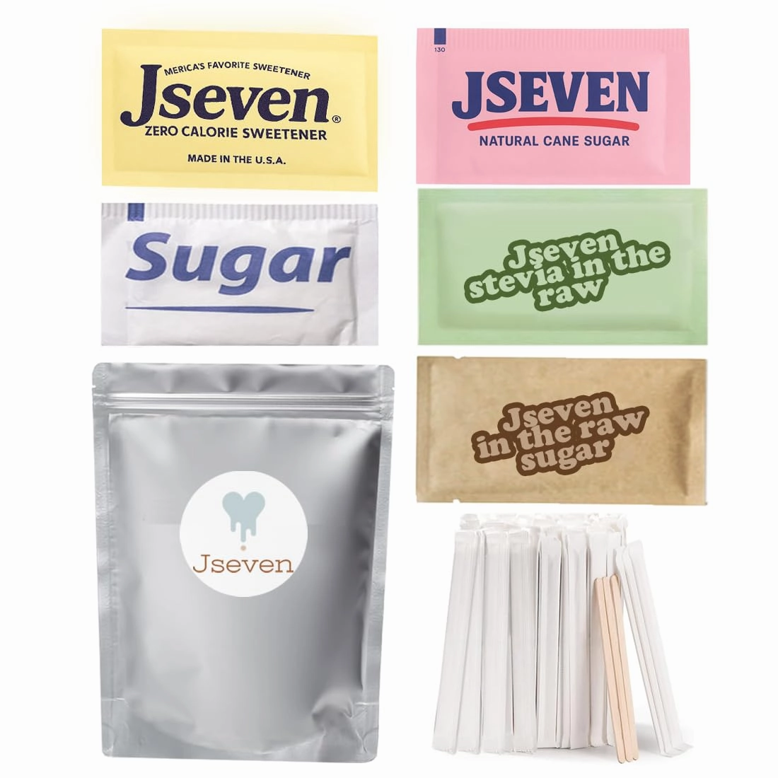 Jseven Sugar Packets Variety Pack, All Kinds of Sugar types in the Bag, 50x Stevia, 50 x Natural Cane Turbinado Sugar, 50x White Sugar, 50x Zero Calorie Sweetener, 50xSugar Substitute Sweetener, 50x Wrapped Wood Stir