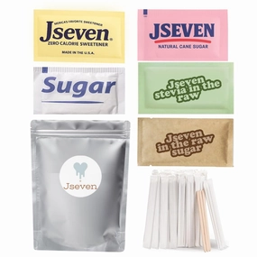 Jseven Sugar Packets Variety Pack, All Kinds of Sugar types in the Bag, 50x Stevia, 50 x Natural Cane Turbinado Sugar, 50x White Sugar, 50x Zero Calorie Sweetener, 50xSugar Substitute Sweetener, 50x Wrapped Wood Stir