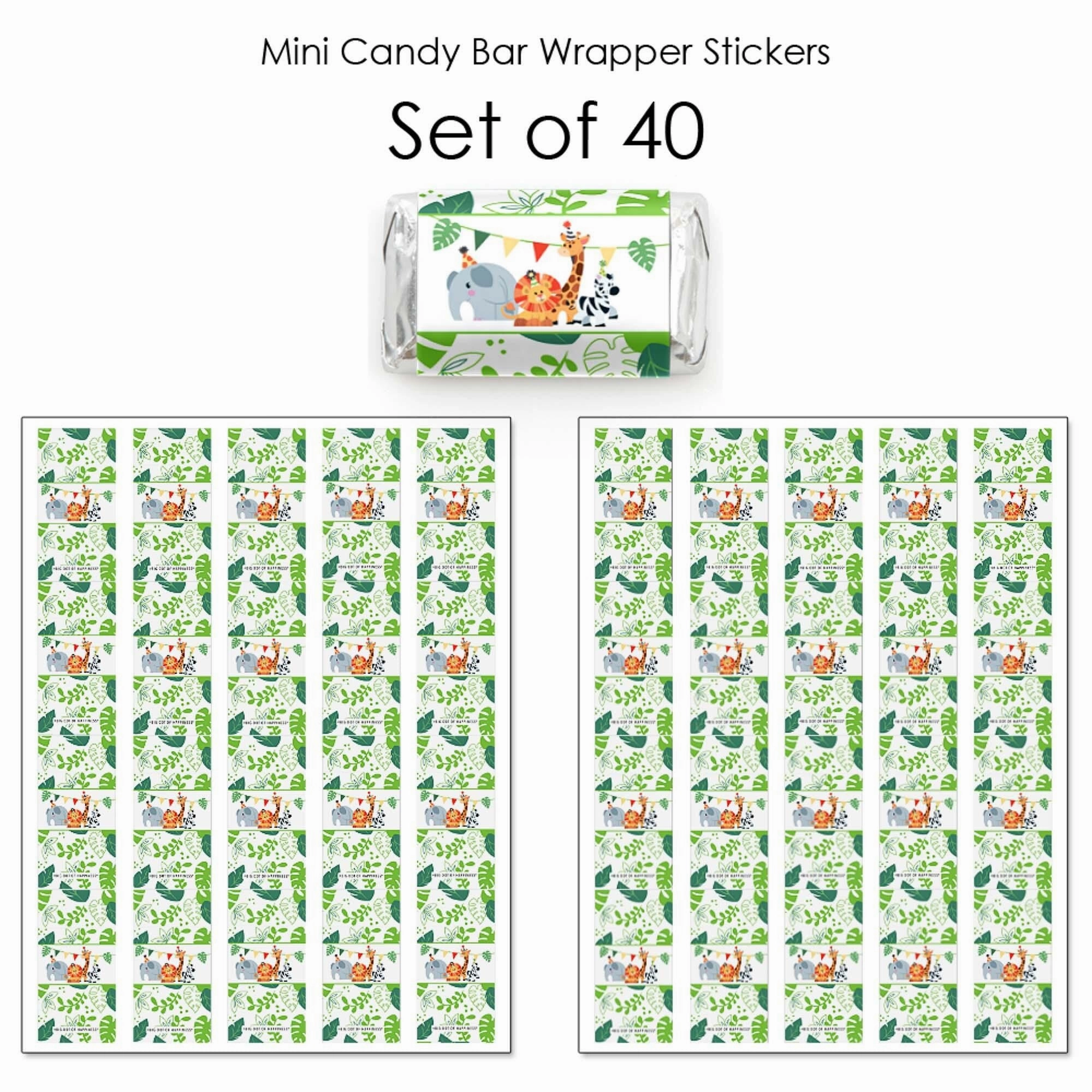 Jungle Party Animals - Mini Candy Bar Wrapper Stickers - Safari Zoo Animal Birthday Party or Baby Shower Small Favors - 40 Count