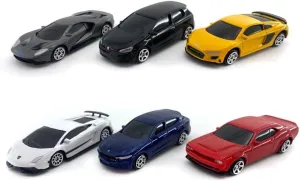 Just For Laughs 6 Diecast Metal Cars, 1:64 Scale Mini Car Set, Officially Licensed Lamborghini Gallardo Superleggara, Dodge Challenger, Maserati Levante GTS, Ford GT, Audi R8 Coupe, Volkswagon Golf