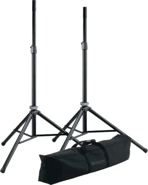 K&M König & Meyer 21449.000.55 Two Speaker Stands w/Carrying Case | Height Adjustment Clamp | Lightweight Tripod Base | Tube Adapter Sleeve | Folds Compact | Portable | German Made | Black | 2 Stands