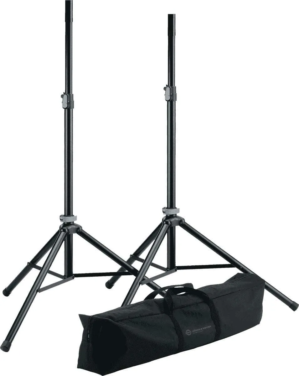 K&M König & Meyer 21449.000.55 Two Speaker Stands w/Carrying Case | Height Adjustment Clamp | Lightweight Tripod Base | Tube Adapter Sleeve | Folds Compact | Portable | German Made | Black | 2 Stands