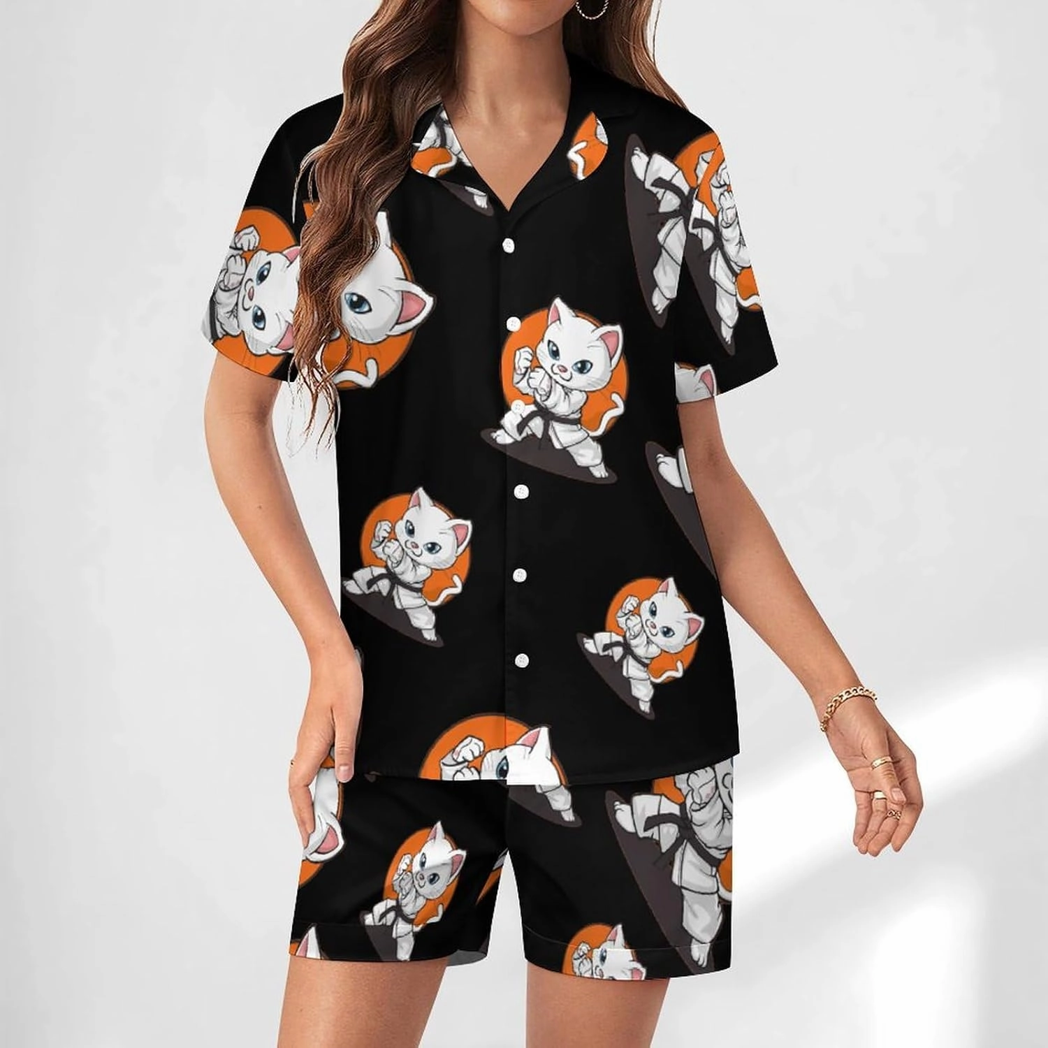 Karate Taekwondo Funny Cat Jiu Jitsu Women's Satin Pajama Set Short Sleeve Button Down Sleepwear Loungewear Pj Set