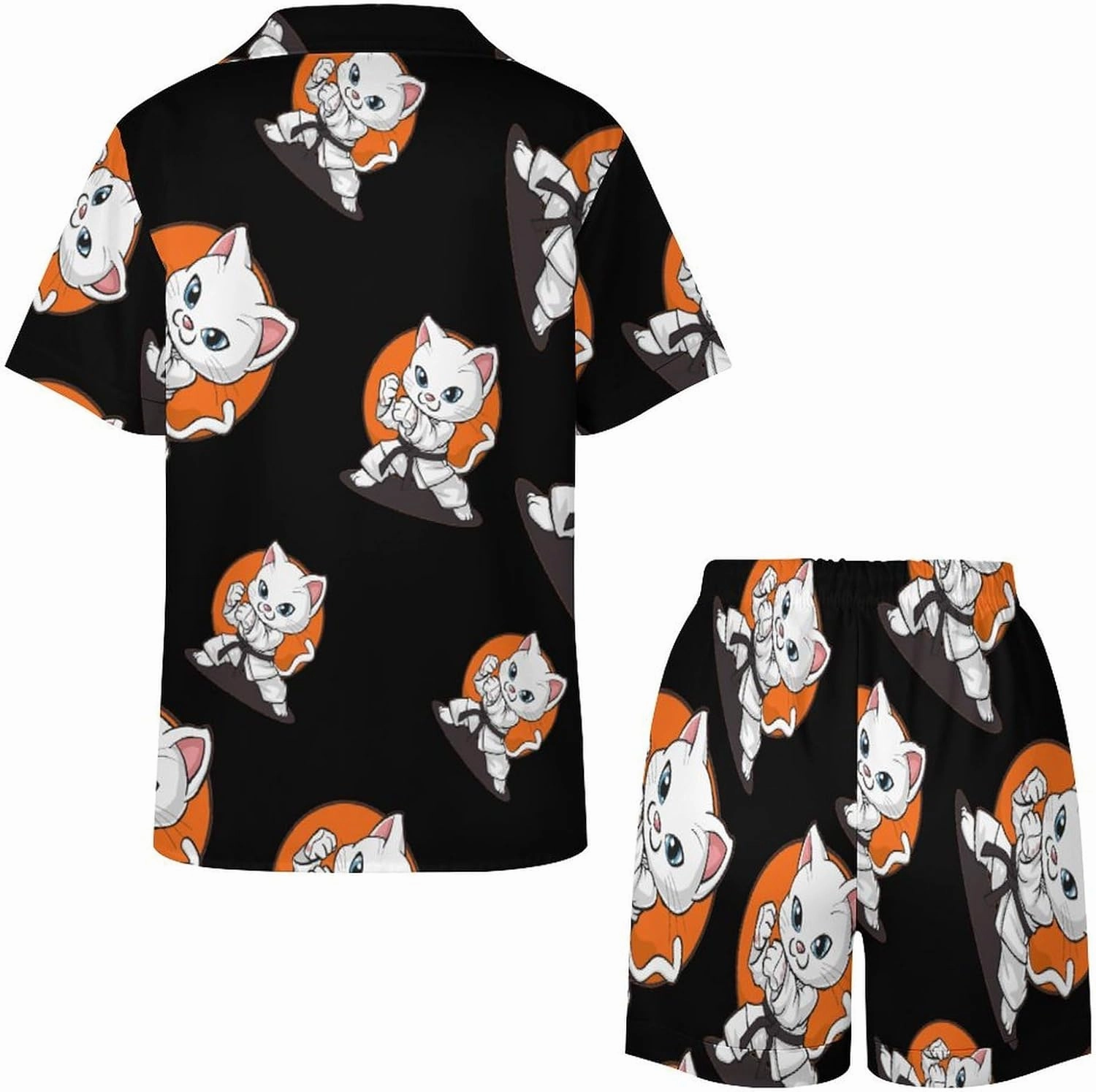 Karate Taekwondo Funny Cat Jiu Jitsu Women's Satin Pajama Set Short Sleeve Button Down Sleepwear Loungewear Pj Set