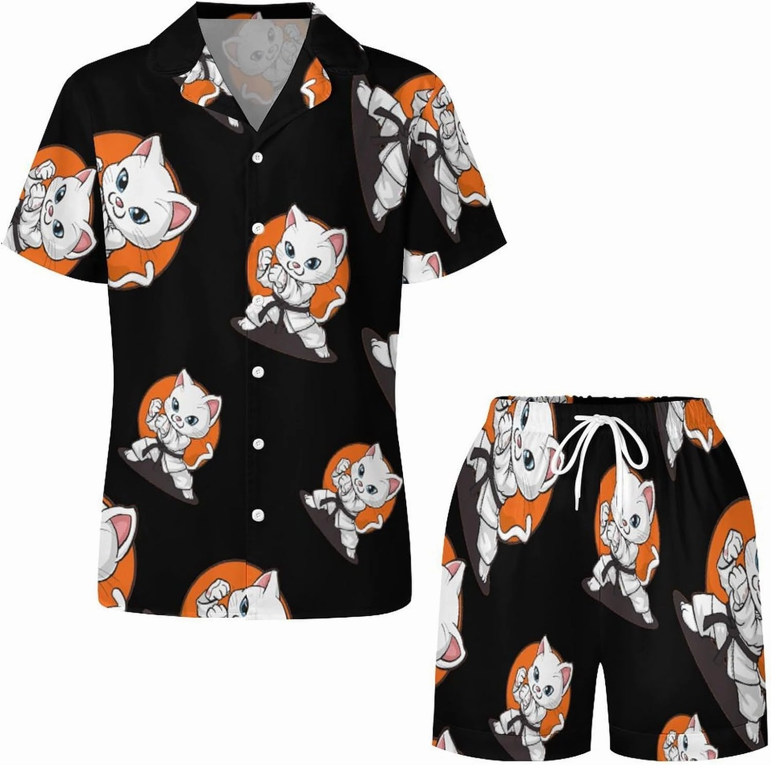 Karate Taekwondo Funny Cat Jiu Jitsu Women's Satin Pajama Set Short Sleeve Button Down Sleepwear Loungewear Pj Set