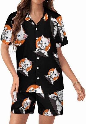 Karate Taekwondo Funny Cat Jiu Jitsu Women's Satin Pajama Set Short Sleeve Button Down Sleepwear Loungewear Pj Set