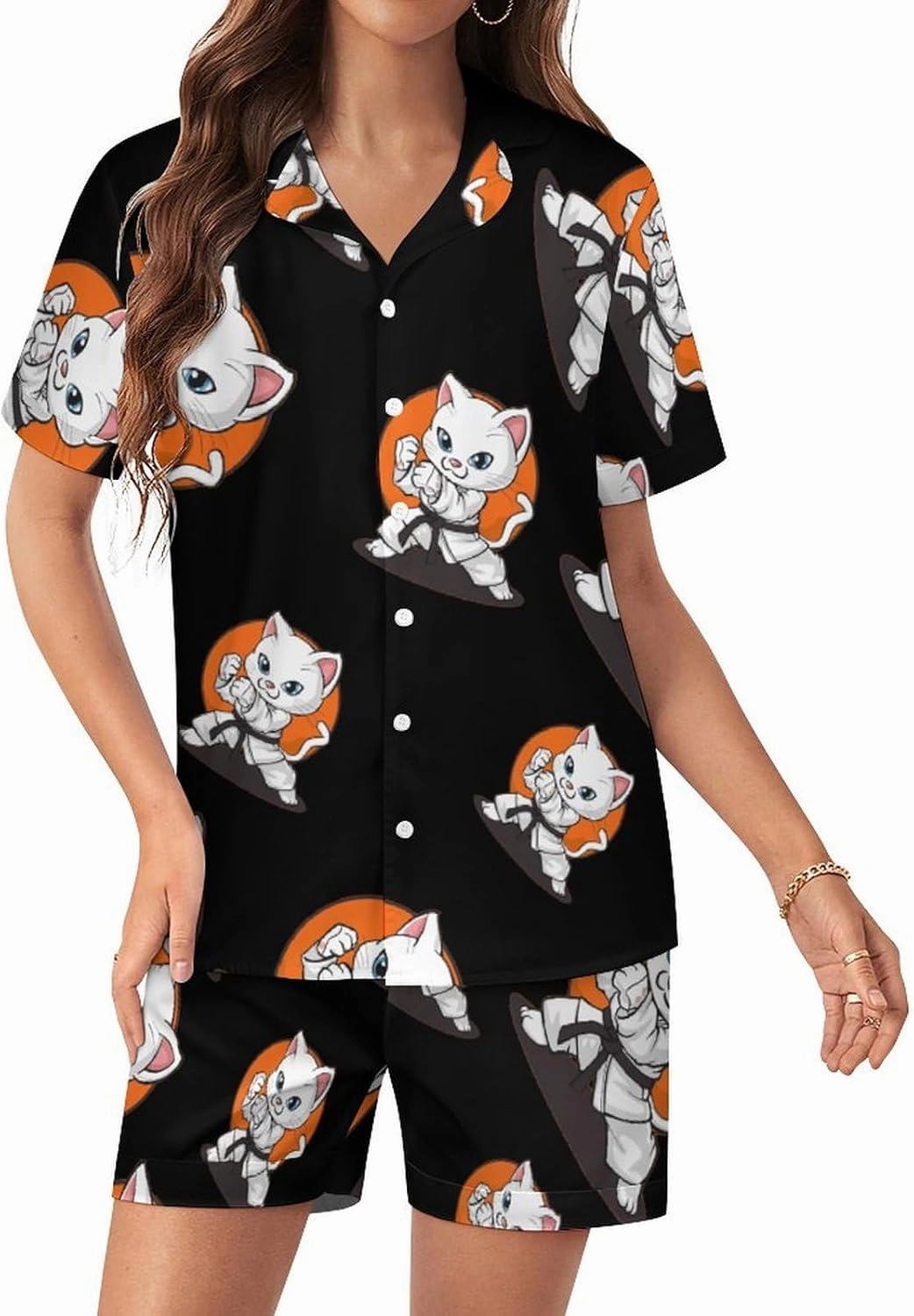 Karate Taekwondo Funny Cat Jiu Jitsu Women's Satin Pajama Set Short Sleeve Button Down Sleepwear Loungewear Pj Set