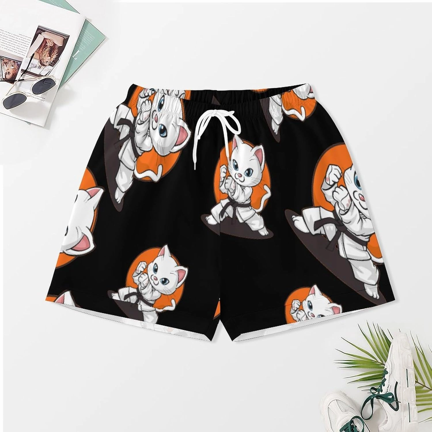 Karate Taekwondo Funny Cat Jiu Jitsu Women's Satin Pajama Set Short Sleeve Button Down Sleepwear Loungewear Pj Set