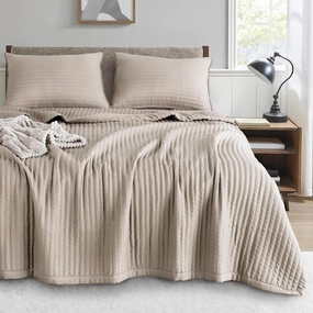 KASENTEX Quilt Mini Set-Stone Washed-Super Soft Bedspread-Light Weight-White Down Alternative Microfiber Fill-Machine Washable-Solid Colors, Full/Queen  2 Shams, Camel