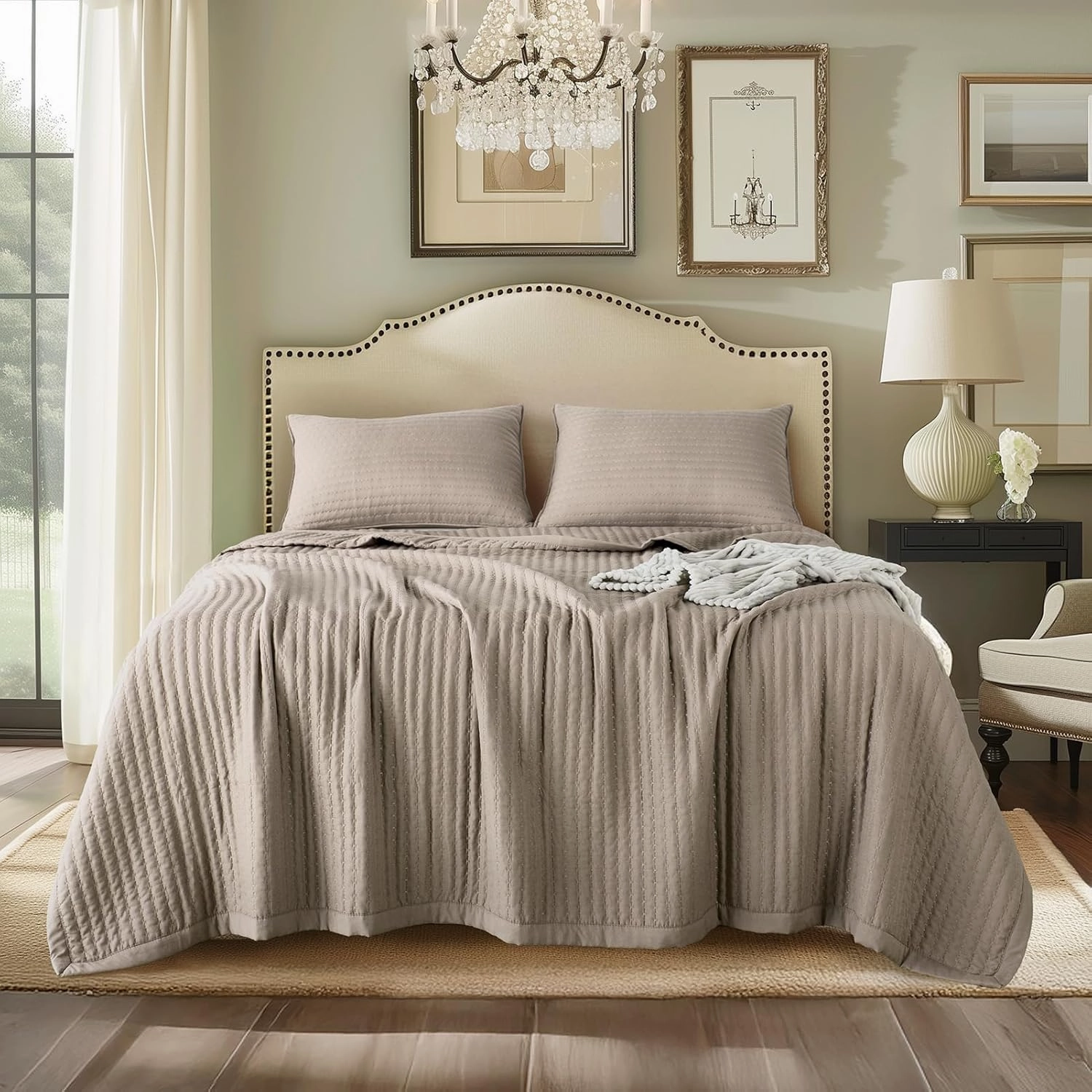 KASENTEX Quilt Mini Set-Stone Washed-Super Soft Bedspread-Light Weight-White Down Alternative Microfiber Fill-Machine Washable-Solid Colors, Full/Queen  2 Shams, Camel
