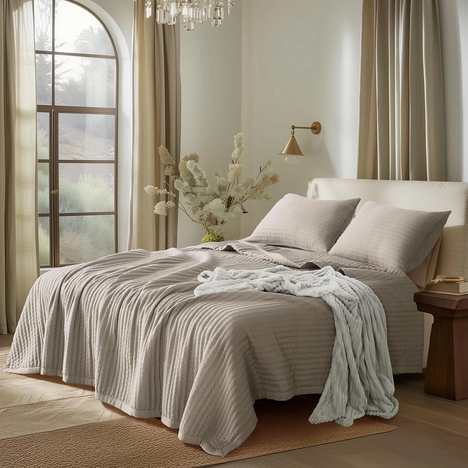 KASENTEX Quilt Mini Set-Stone Washed-Super Soft Bedspread-Light Weight-White Down Alternative Microfiber Fill-Machine Washable-Solid Colors, Full/Queen  2 Shams, Camel