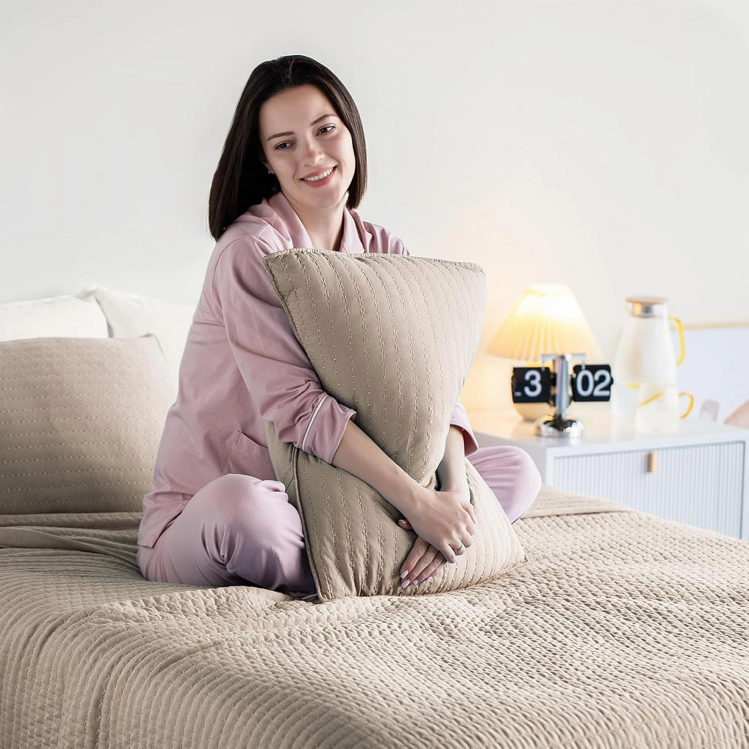 KASENTEX Quilt Mini Set-Stone Washed-Super Soft Bedspread-Light Weight-White Down Alternative Microfiber Fill-Machine Washable-Solid Colors, Full/Queen  2 Shams, Camel