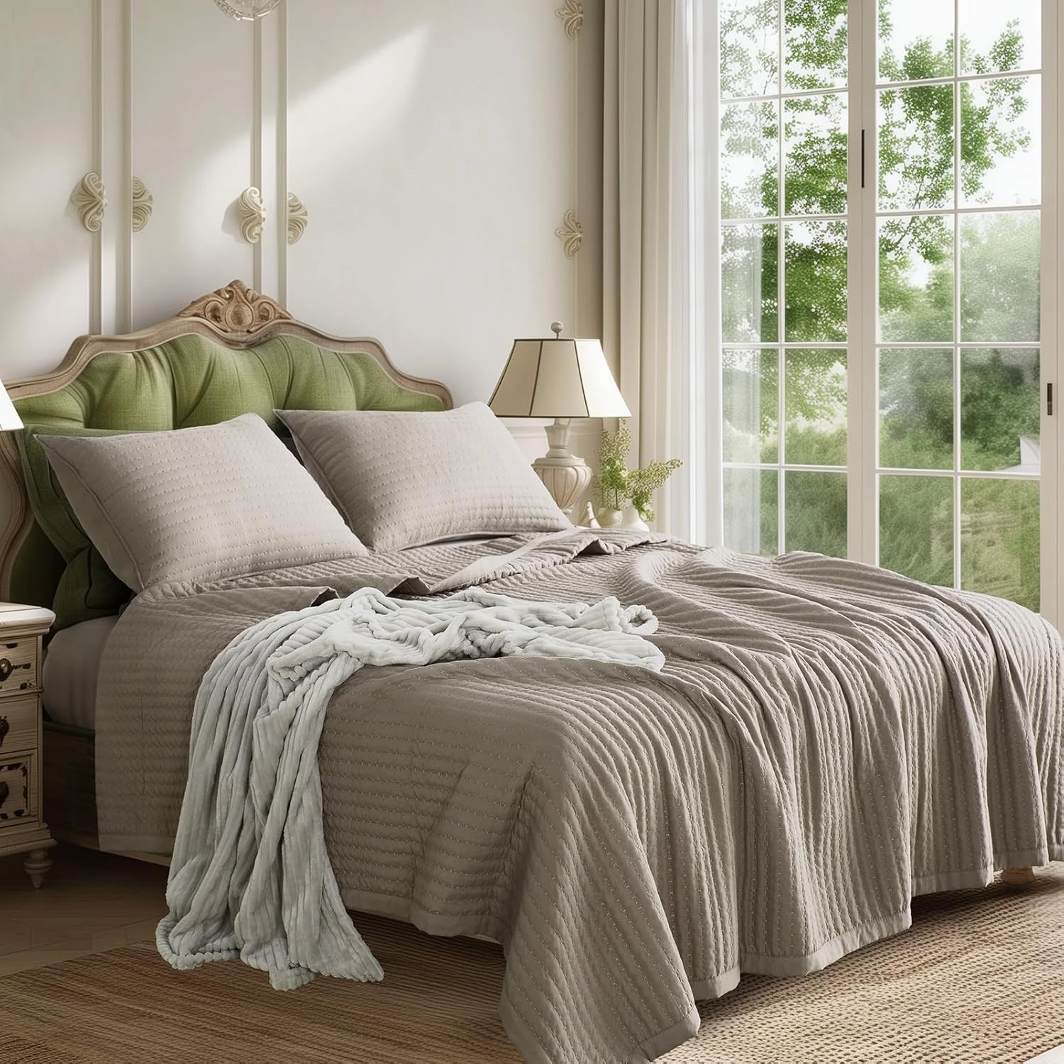 KASENTEX Quilt Mini Set-Stone Washed-Super Soft Bedspread-Light Weight-White Down Alternative Microfiber Fill-Machine Washable-Solid Colors, Full/Queen  2 Shams, Camel